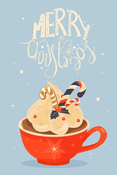 Navidad y Feliz Año Nuevo ilustración. Taza con cacao y crema batida. Tarjeta de felicitación para Navidad, Año Nuevo o vacaciones de invierno . — Archivo Imágenes Vectoriales