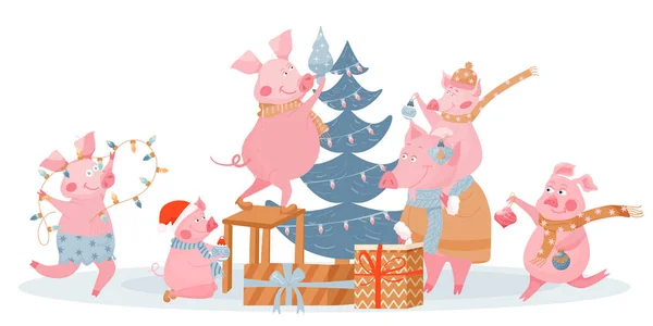 面白い豚と新年の挨拶カード。かわいい豚はクリスマスツリーを飾る. — ストックベクタ