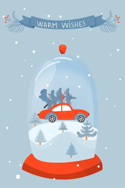 Weihnachten und ein gutes neues Jahr Illustration. Schneekugel mit Auto und Tanne im Wald. — Stockvektor