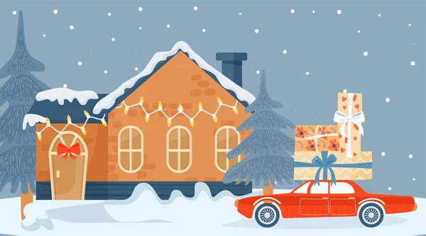 Weihnachten und frohes neues Jahr Grußkarte mit Winterhaus und Auto mit Weihnachtsgeschenken. — Stockvektor