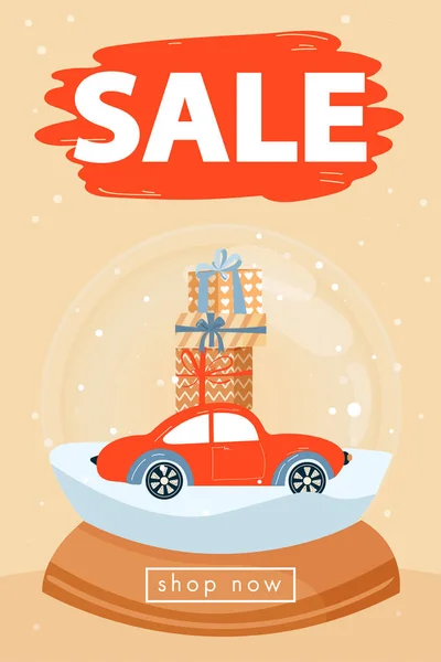 Compras de vacaciones. Cartel de ventas de Navidad y Feliz Año Nuevo. Bola de nieve con coche y regalos . — Archivo Imágenes Vectoriales