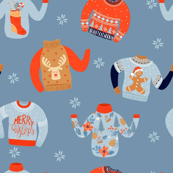 Nahtloses Weihnachtsmuster mit hässlichen Pullovern und Schneeflocken. — Stockvektor