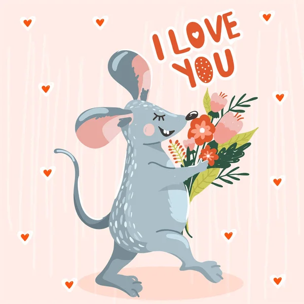 Greeting day card with cute mouse and bouquet of flowers. Stylish typography slogan design " i love you" sign. — Stock Vector