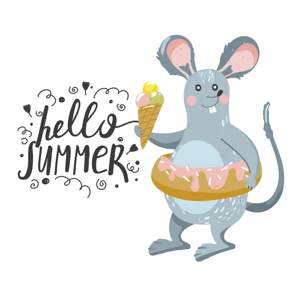 Cute rat with ice cream and swimming ring. Summer time. Stylish typography slogan design "hello summer" sign. — Stock Vector