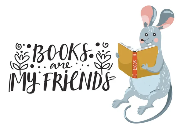 Cute rat reading book. Stylish typography slogan design 