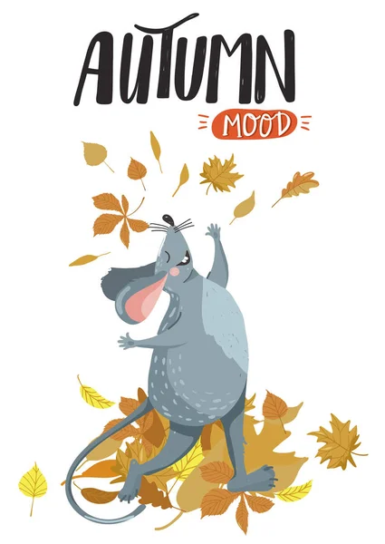 Šťastná krysa vyhazuje podzimní listí. Stylový typografický slogan "Podzimní nálada". — Stockový vektor
