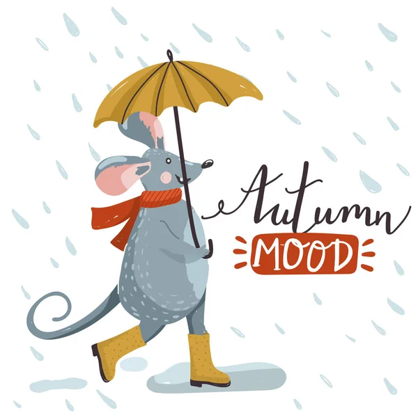 Linda rata caminando bajo la lluvia con paraguas. Tiempo de otoño. Diseño elegante del lema de tipografía "humor de otoño" signo . — Archivo Imágenes Vectoriales
