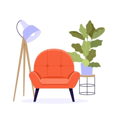 Modern tarz iç mimari. Kırmızı koltuk, bitki ve lamba seti. Beyaz arkaplanda vektör illüstrasyonu.