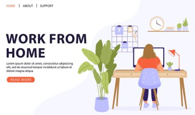 Ev ya da ofis işleri konsept tasarımında çalışmak. Serbest çalışan bir kadın masa başında oturuyor ve bilgisayarla çalışıyor. İş için uygun koşullar. Vektör web sayfası illüstrasyonu.