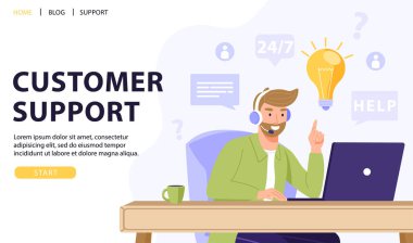 Müşteri hizmetleri, online asistan ya da çağrı merkezi konsepti. Kulaklıklı bir adam müşteriyle konuşuyor ve bir çözümü ya da fikri var. 7 / 24 çevrimiçi teknik destek. Vektör web sayfası illüstrasyonu.