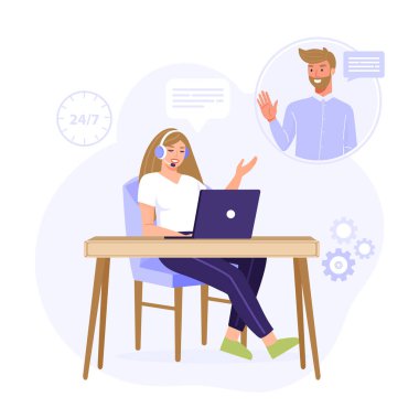 Müşteri hizmetleri, online asistan ya da çağrı merkezi konsepti. Kulaklık takan kadın operatör bir müşteriye danışıyor. 7 / 24 çevrimiçi teknik destek. Sunum, poster, sosyal medya vs. için vektör iş illüstrasyonu.