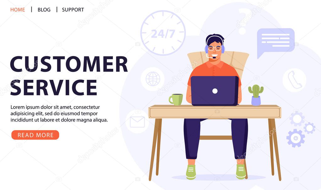 Customer service, online assistant or call center concept. Man operator with headset talking with client. Online technical support 24/7. Vector web page banner illustration.