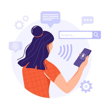 Ses tanıma konsepti. Akıllı telefonu elinde tutan kadın ses asistanı uygulaması kullanıyor. Entellektüel teknoloji. Sosyal ağların simgelerine sahip vektör illüstrasyonu.