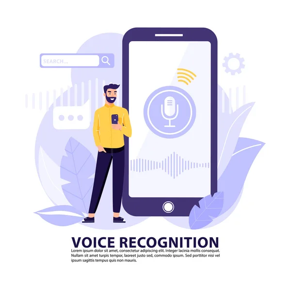 Concept Reconnaissance Vocale Homme Avec Grand Téléphone Intelligent Utilisant Application — Image vectorielle