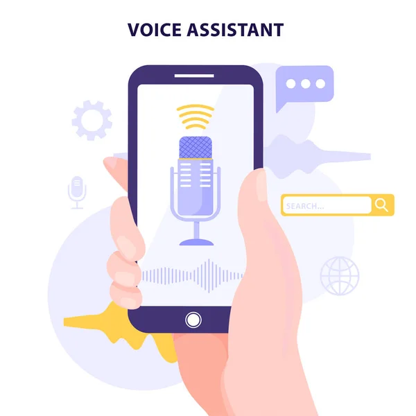 Concept Reconnaissance Vocale Main Tenant Téléphone Intelligent Avec Application Assistant — Image vectorielle