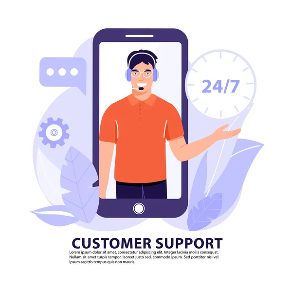 Online Assistent Customer Support Concept Man Operator Het Telefoonscherm Met — Stockvector