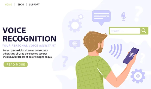 音声認識の概念 音声アシスタントアプリケーションを使用してスマートフォンを保持する男 知的技術だ アイコン付きベクトルウェブページバナーイラスト — ストックベクタ