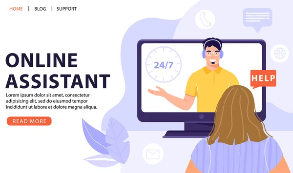 カスタマーサービス オンラインアシスタント コールセンターのコンセプト ヘッドセットを操作する人間が依頼人に相談する オンライン技術サポート24 ベクターウェブページバナーイラスト — ストックベクタ