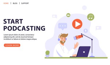 Podcast ya da röportaj konsepti. Podcaster stüdyoda mikrofon ve kulaklıkla podcast yapıyor. Vektör web sayfası illüstrasyonu.