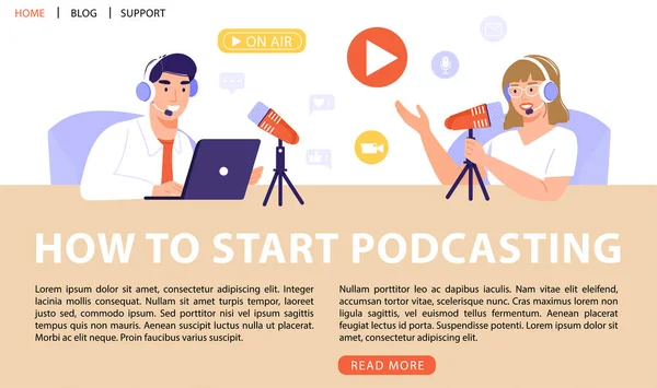 Podcast Interview Concept Podcasters Die Een Podcast Opnemen Met Microfoon — Stockvector