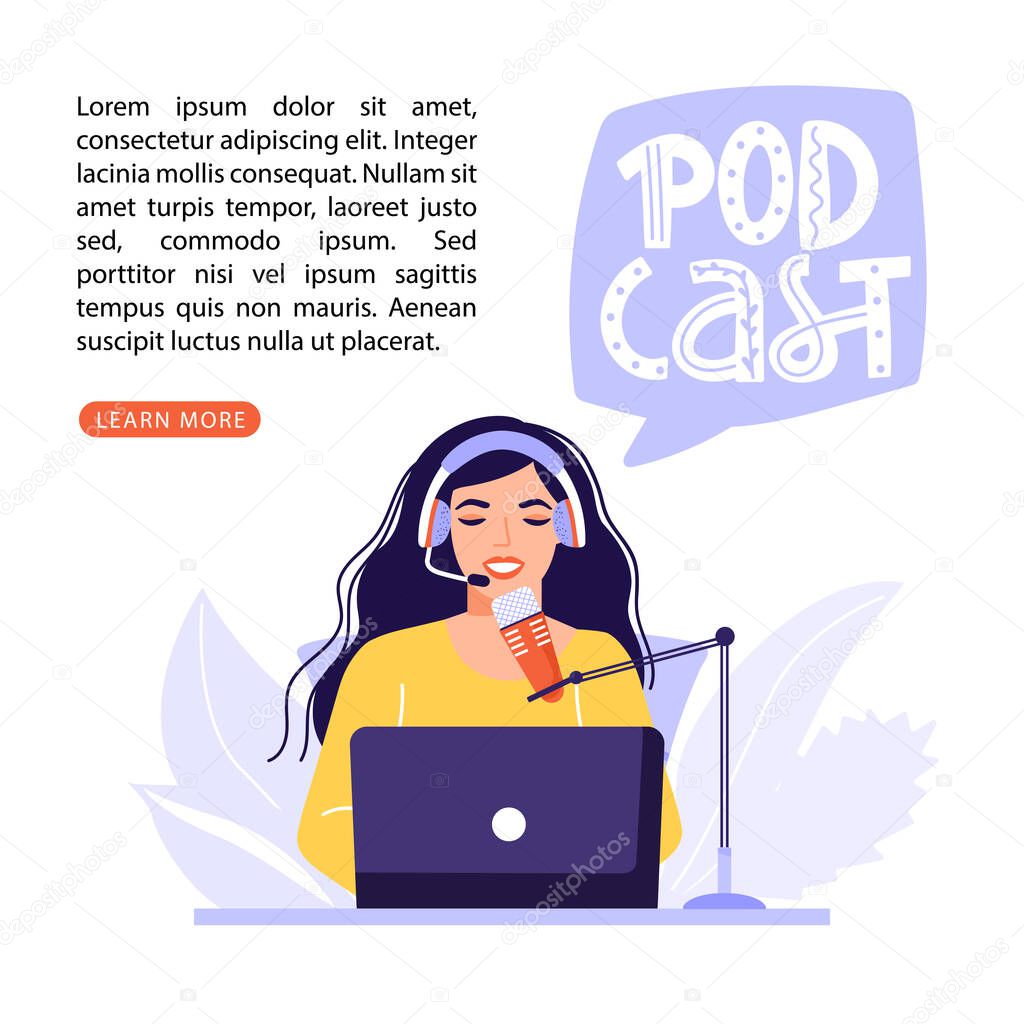 Podcast or interview concept. Podcaster recording podcast in studio with microphone and headphones. Lettering composition with copy space. Vector banner illustration.