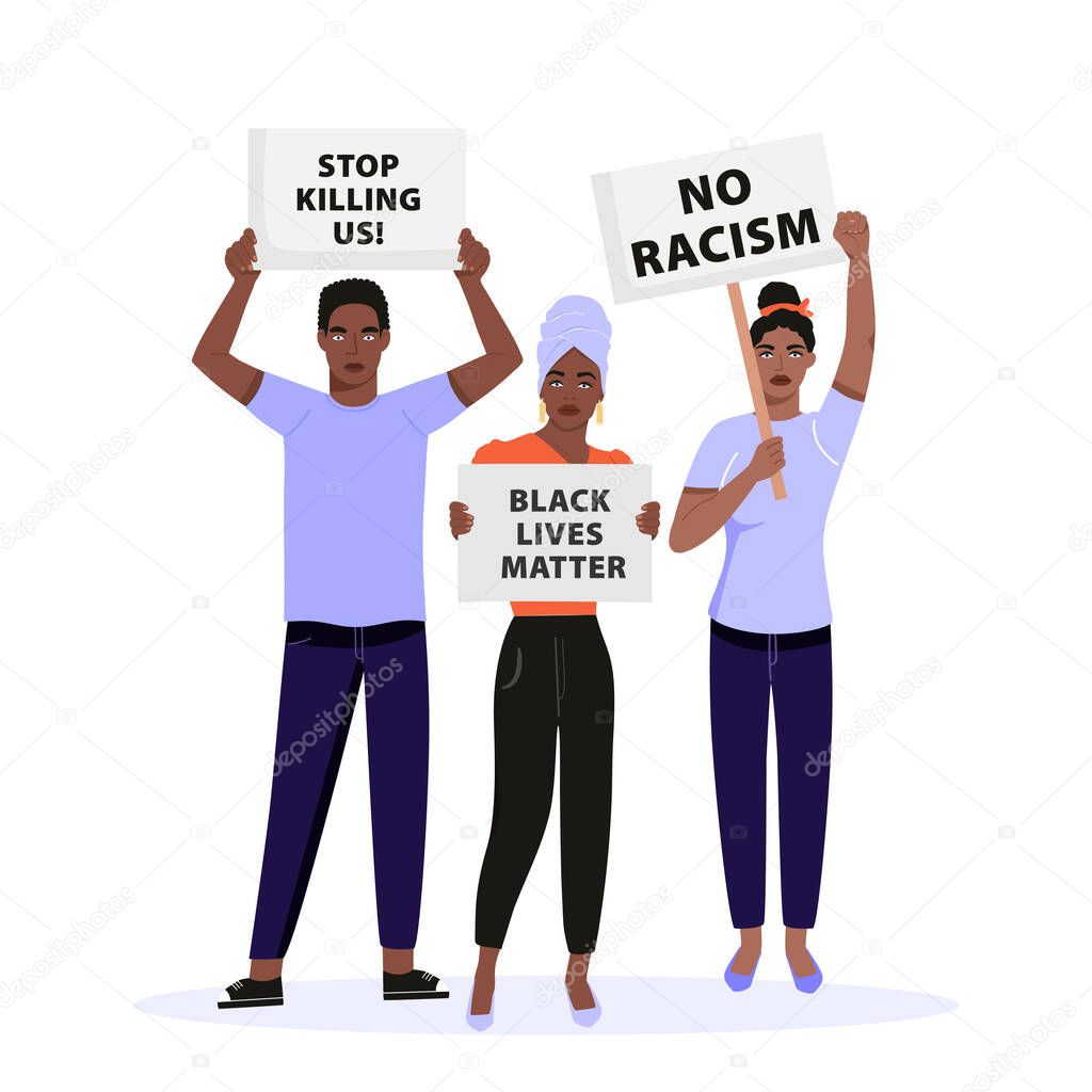 Black lives matter concept illustration. Group of people holding placards and protesting about human rights of black people. Fighting for equality. Vector.