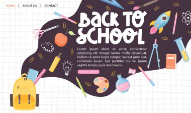Okul zamanı ya da okul tasarımına dönüş. Çeşitli okul malzemeleriyle dolu sırt çantası. Kitaplar, roket, kırtasiye, makas, işaret, cetvel vs. Vektör web sayfası illüstrasyonu.