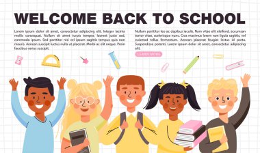 Kopya alanı olan okul konsepti afişine geri dönelim. İlkokul öğrencileri farklı etnik kökenlere sahip kitaplar, sırt çantaları ve kırtasiyeler. Mutlu çocuklar okula gider. Vektör şablonu.