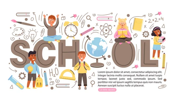 Concetto Banner Ritorno Scuola Con Spazio Copia Personaggi Bambini Piccoli — Vettoriale Stock