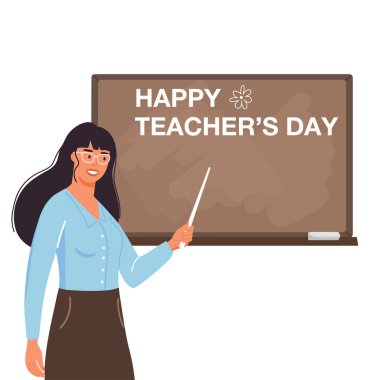 Okul zamanı ya da okul illüstrasyonuna dönüş. Sınıfta karatahta öğretmenlik. Öğretmenin işaret tutup ders vermesi. Okul, üniversite, üniversite için tasarım kompozisyonu. Beyaz arkaplanda vektör.