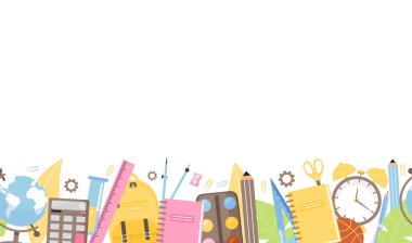 Okul zamanı ya da okul illüstrasyonuna dönüş. Çeşitli okul malzemelerinin toplandığı kusursuz bir sınır. Kopyalama alanı olan vektör bileşimi.