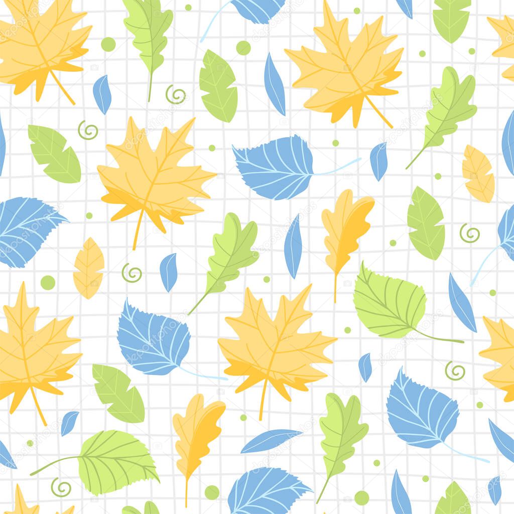 Autumn background. Seamless  pattern with autumn various leaves. Print for fabric, web page background, scrapbooking and wrapping paper. Vector illustration on checkered background.