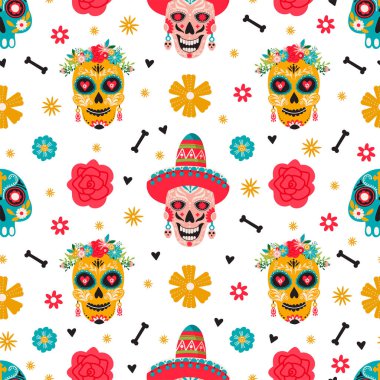 Dia de Los Muertos ya da Ölülerin Günü. Geleneksel Meksika festivali. Şeker Meksika kafatası, kemik ve çiçek süslemesi. Kumaş, ambalaj kağıdı, ambalaj vs. için resim. Beyaz arkaplanda renkli vektör.