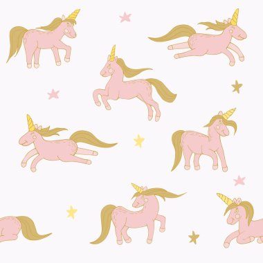 Şirin tek boynuzlu atlar ve yıldızlarla kusursuz bir desen. Vektör illüstrasyonu.