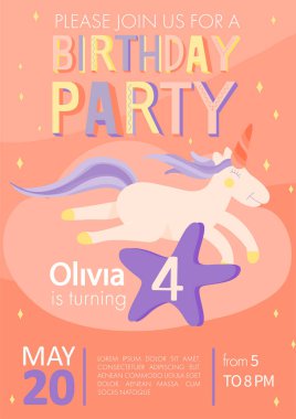 Çocuk doğum günü partisi davetiyesi, üzerinde uçan tek boynuzlu at ve büyük yıldız olan bir karikatür..