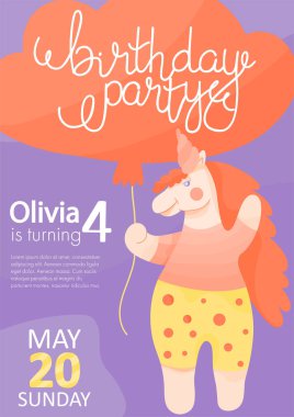 Çocuk doğum günü partisi davetiyesi, içinde şirin tek boynuzlu at ve balon olan..