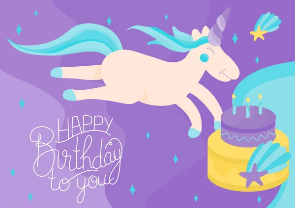 Colorful Original Birthday Greetings Cute Unicorn Cake Card Birthday Anniversary — Stock Vector