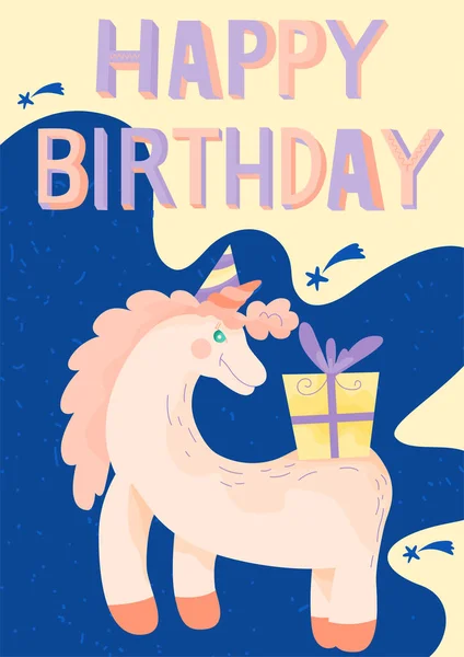 Colorful Original Birthday Greetings Cute Unicorn Gift Card Birthday Anniversary — Stock Vector