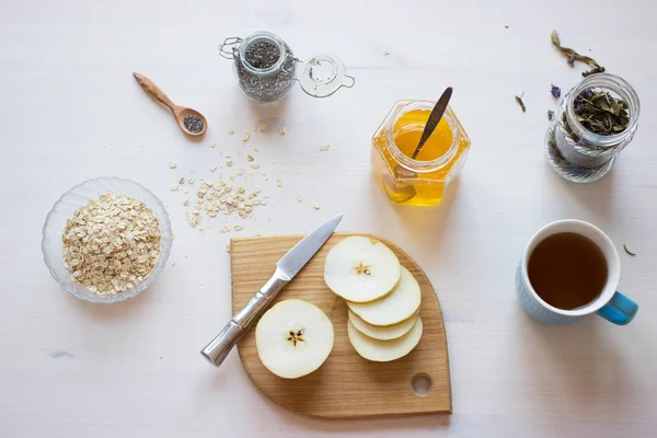 Ingredients Healthy Breakfast Chia Seeds Oatmeal Cereals Apple White Table — Stock Photo, Image
