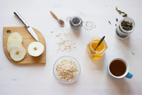 Ingredients Healthy Breakfast Chia Seeds Oatmeal Cereals Apple White Table — Stock Photo, Image