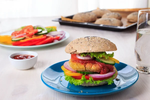 Healthy Vegan Burger Chickpea Fritters Vegetables Whole Wheat Bun Sesame 