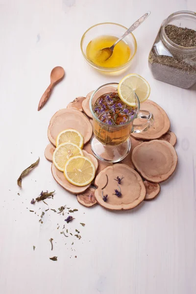Top View Traditional Russian Drink Honey Lemon Dried Herbs Glass — Stock Photo, Image