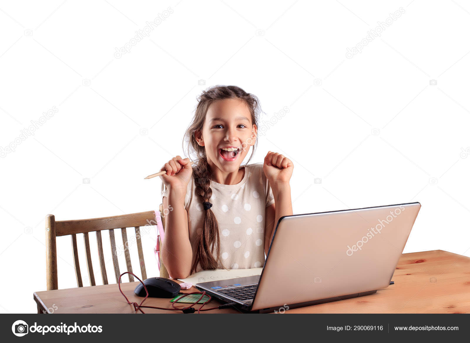 Years Old School Girl Sitting Table Laptop Expressive Emotional