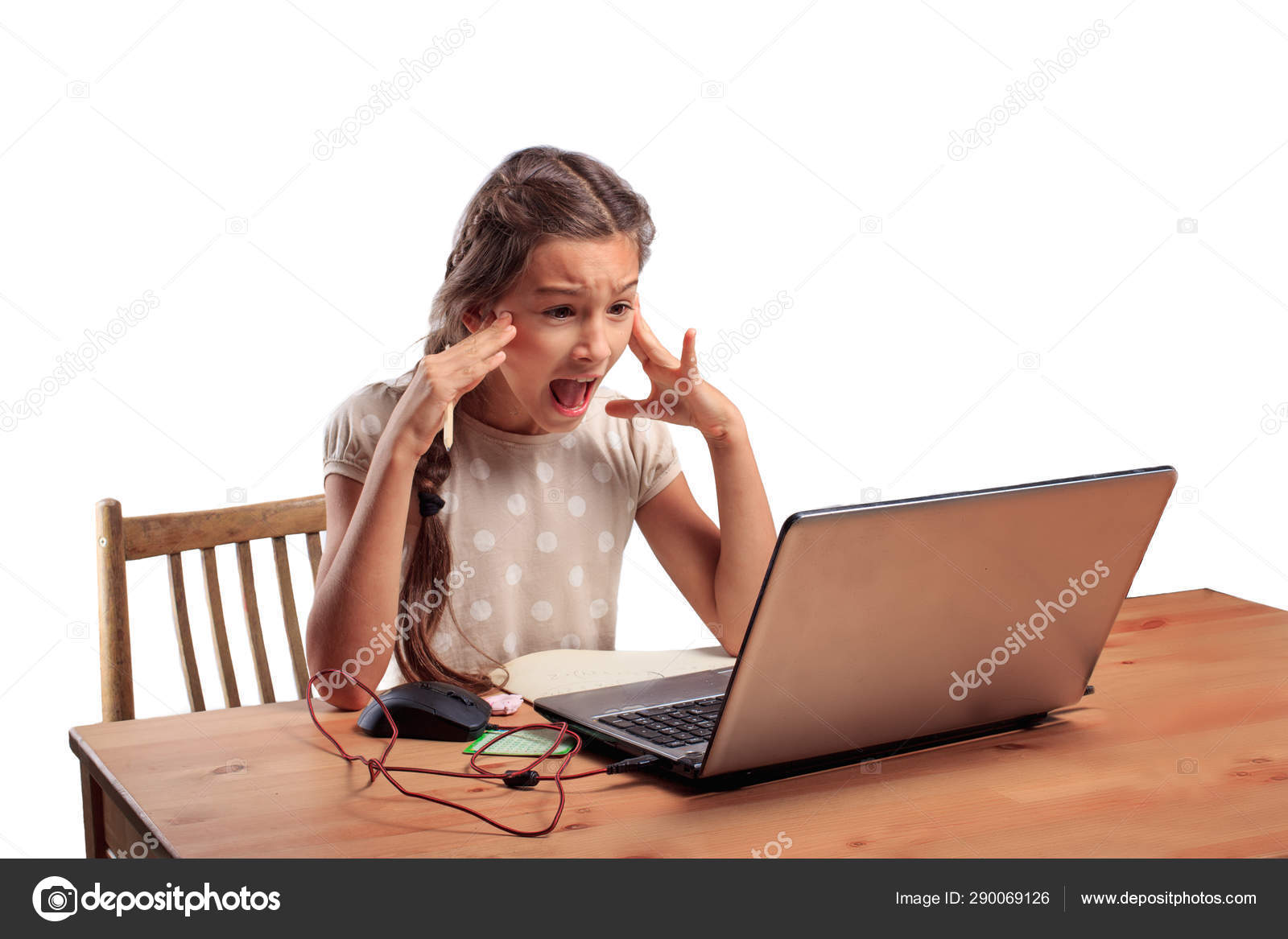 Years Old School Girl Sitting Table Laptop Expressive Emotional