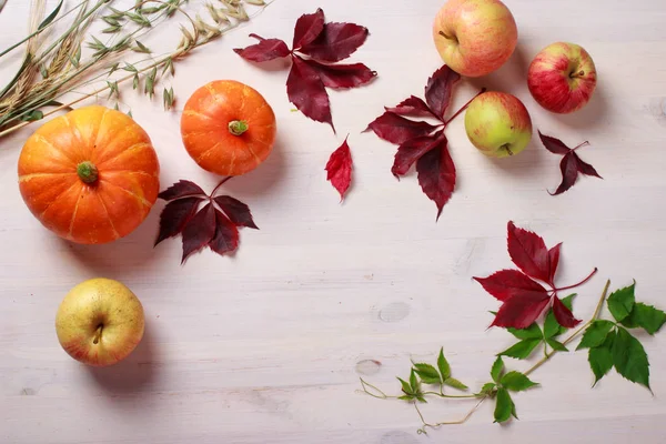 Thanksgiving food background with pumpkins, apples, wheat, oats and autumn leaves on white wooden table with space for text