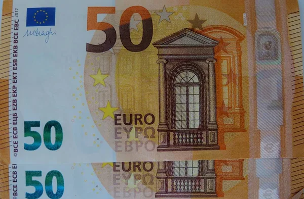 Fünfzig Euro Banknoten Auf Weißem Hintergrund Großaufnahme — Stockfoto