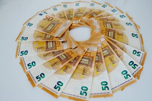 Fünfzig Euro Banknoten Auf Weißem Hintergrund Großaufnahme — Stockfoto