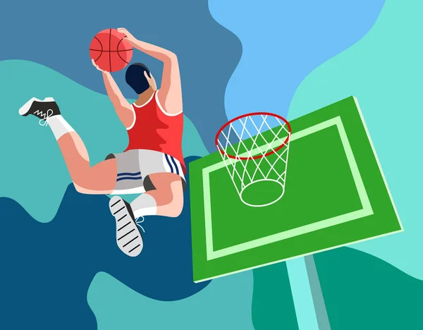 Illustration Eines Basketballspielers Der Ins Netz Schießt — Stockvektor