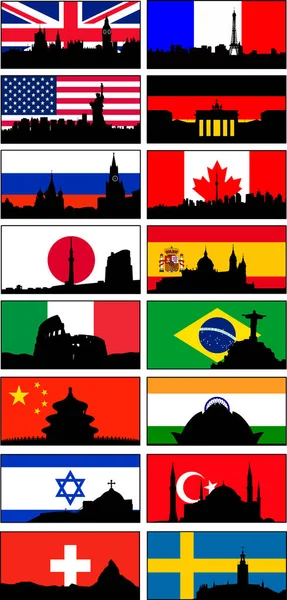 Land Vlaggen Stad Silhouetten Vector Icons Optie Vlag Vlag Silhouet — Stockvector