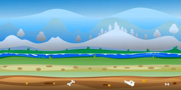 Oyun orman arka plan Vektör sorunsuz. Nehir, tepeler ve gökyüzü, % 100 vektör ile orman sahne. Herhangi bir boyuta yeniden boyutlandırın. Kolay renk değişikliği. 
